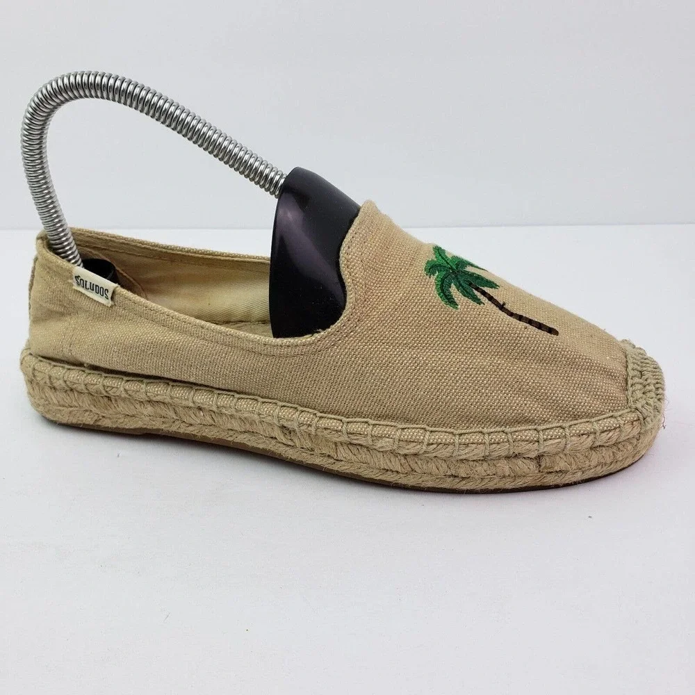 Soludos Womens Size 7.5 Tan Textile Palm Tree Slip On Espadrille Loafer Shoes